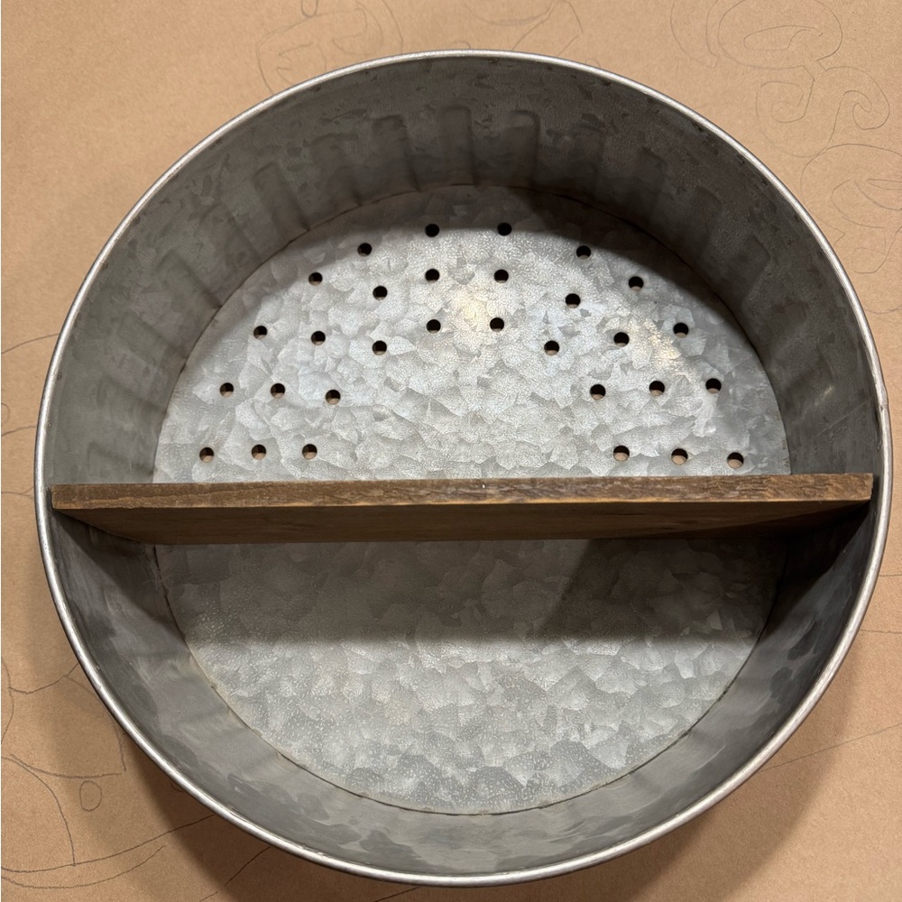 Round Galvanized Metal Wall Shelf with Wood Accent
